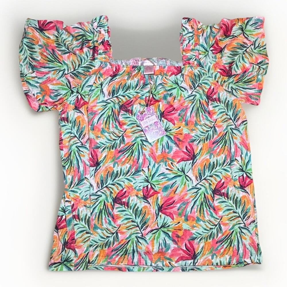 Stella Parker Tropical Floral Flutter Sleeve Top Womens XL Colorful Blouse NWT